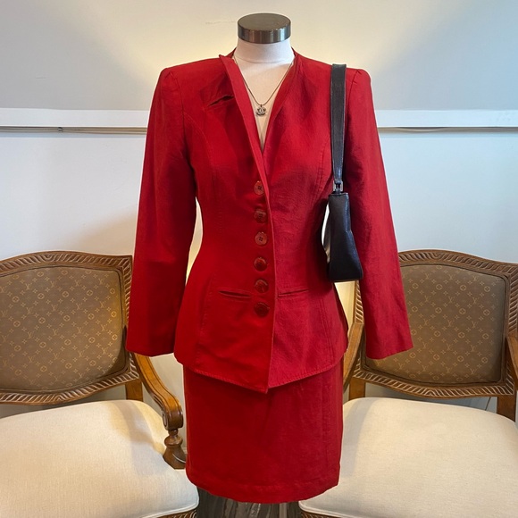 Vintage 90s Red Skirt Suit Set with Blazer Jacket, Downtown Girl Office Chic - Picture 1 of 16